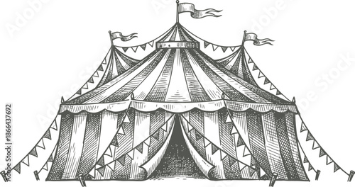 Circus tent with flags and bunting at vintage carnival