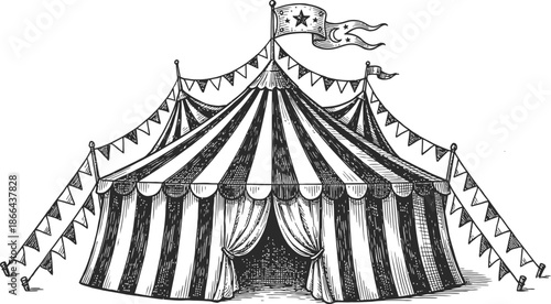 Circus tent with flags and bunting at vintage carnival