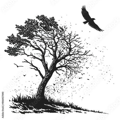 Lonely Tree with Flying Bird Engraving Illustration in Black and White
