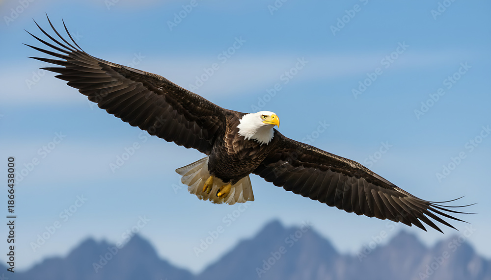 Obraz premium Majestic bald eagle soaring with wings spread wide against a clear blue sky symbolizing freedom and power perfect for patriotic or nature themes