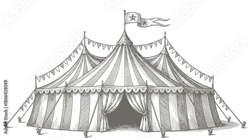 Circus tent with flags and bunting at vintage carnival