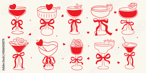 Valentine’s Day romantic cocktail doodle set. Hand drawn love drink icons with roses, strawberry and bows for greeting cards, wrapping paper, stickers, party invitations
