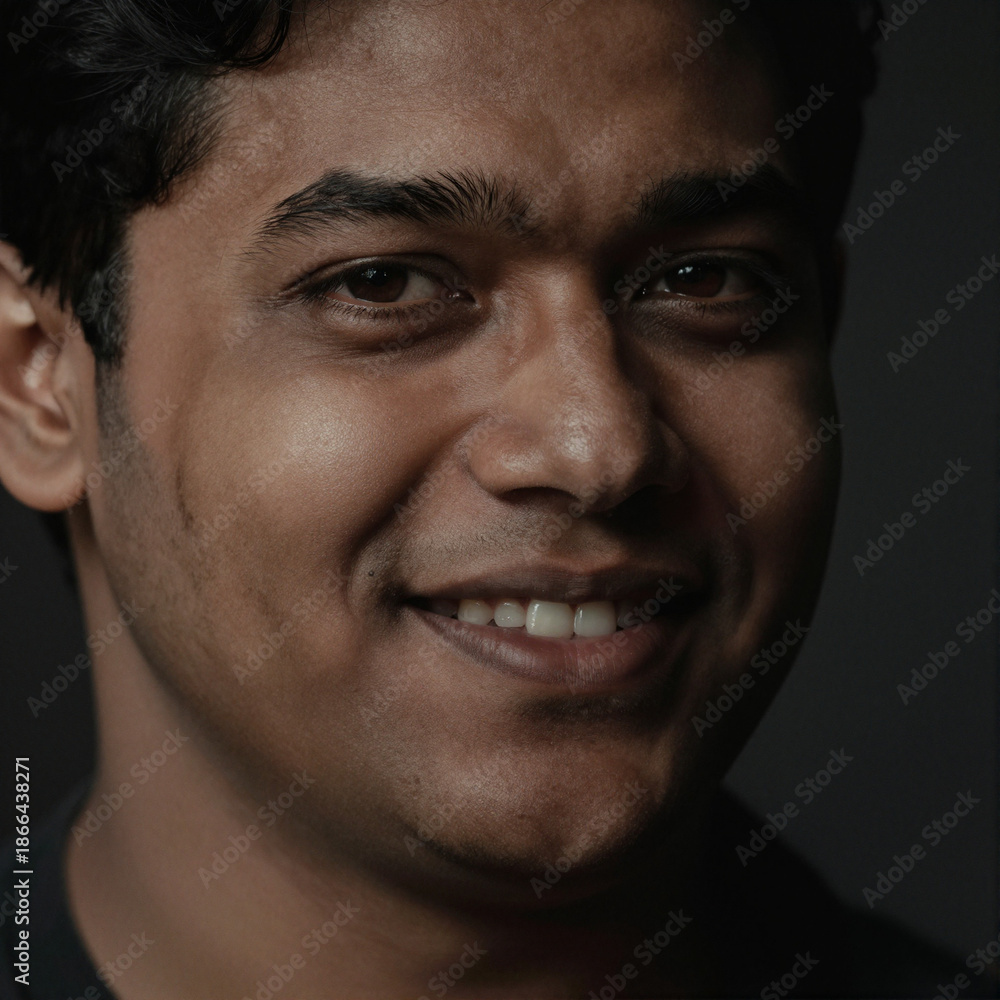 Fototapeta premium Close-up Portrait of a Joyful South Asian Man with Dramatic Lighting and Realistic Skin Texture