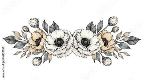 Watercolor Anemone Flower Arrangement with Beige and Gray Leaves