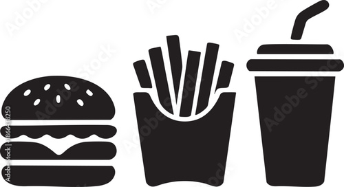Fast Food Burger Fries and Soda Silhouette Icon Set Black Vector