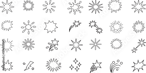 Line surprise shine ray color icon set. Hand drawn doodle color sparkle shine, surprise, sunburst frame with pop confetti ornament element collection. Comic headline decoration light ray. Vector