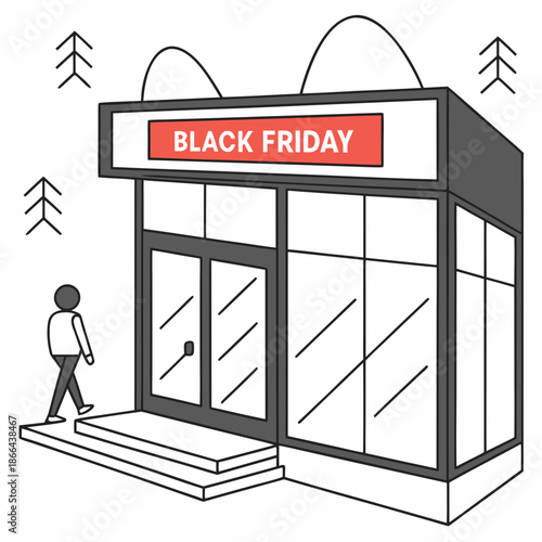 Minimal storefront illustration with Black Friday sale banner, flat vector icon for local business retail promotions