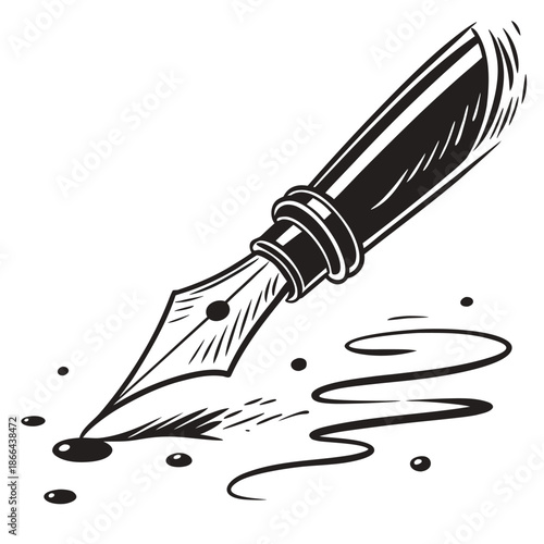 Fountain Pen Nib Writing Ink, Black and White Line Art Vector Illustration