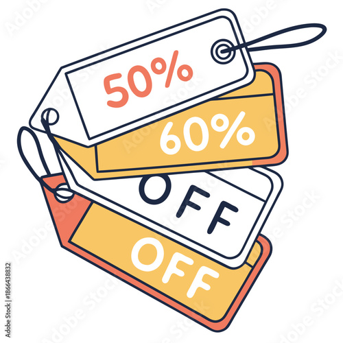 Stacked Discount Labels Icon Clean Vector Illustration for Retail Sales, Promotional Offers, and E-commerce Shopping Marketing Campaigns