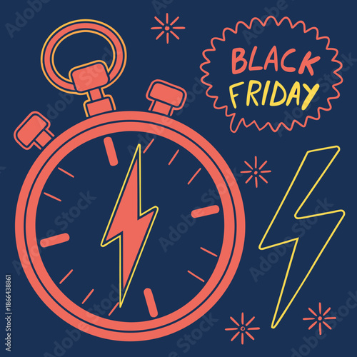 Stopwatch with Discount Lightning Icon for Black Friday Sales and Limited Time Offers, Flat Vector Illustration for Urgent Retail Deals