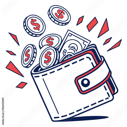 Wallet Bursting with Savings Icon Vector Illustration Representing Wealth, Cash Back, High Discounts, and Financial Success