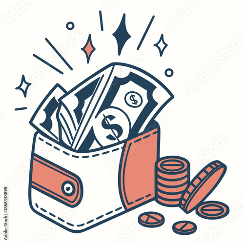 Money Wallet Icon Full of Cash and Savings, Flat Vector Illustration for Finance, Banking, Cashback Offers, and E-commerce Discounts