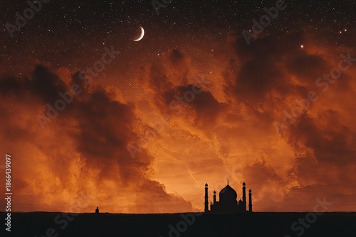 Silhouette of grand architecture against a dramatic, fiery sunset sky with stars and moon