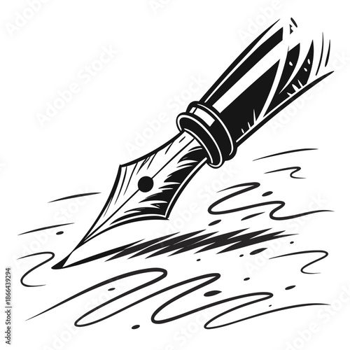 Fountain Pen Nib Writing Ink, Black and White Line Art Vector Illustration