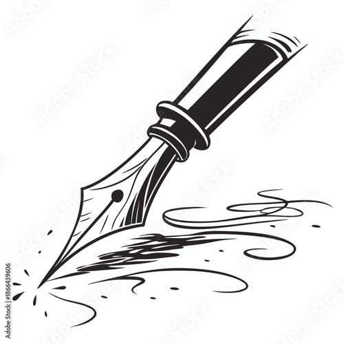 Fountain Pen Nib Writing Ink, Black and White Line Art Vector Illustration