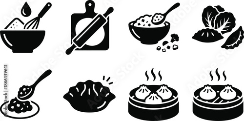 Dumpling preparation vector icon set showing culinary steps