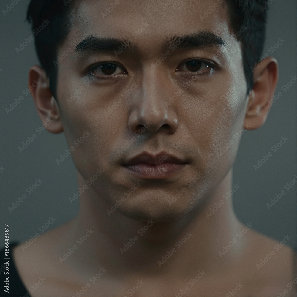 Obraz premium Close-up portrait of a Mediterranean person with a subtle mysterious expression, cinematic lighting, realistic skin texture, high detail