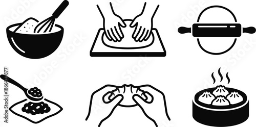 Dumpling preparation vector icon set showing culinary steps