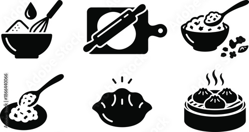 Dumpling preparation vector icon set showing culinary steps
