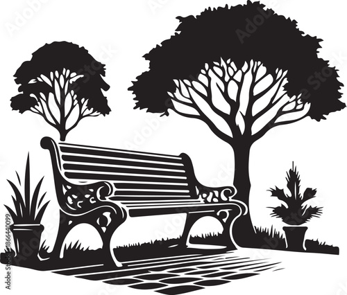 An empty wooden bench sits under a brown tree in a summer garden park landscape, offering a relaxing outdoor seat surrounded by green grass and nature