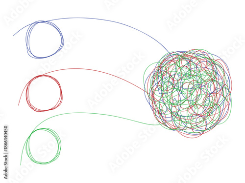 abstract vector illustration of tangled chaotic lines converting into structured circular knots, visualizing problem solving, logic, and transformation from disorder to order.