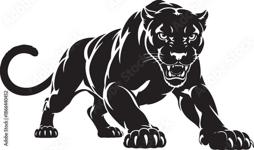 A powerful black and white vector illustration and lion predator silhouette, designed as a minimalist wildlife animal logo or tattoo icon isolated on white nature background