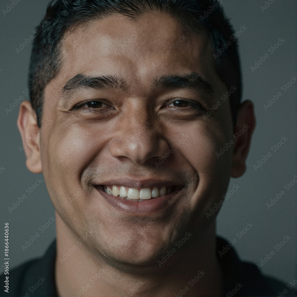 Obraz premium Portrait of a Hispanic man with a joyful smile, cinematic lighting, realistic skin texture, high detail, professional photography