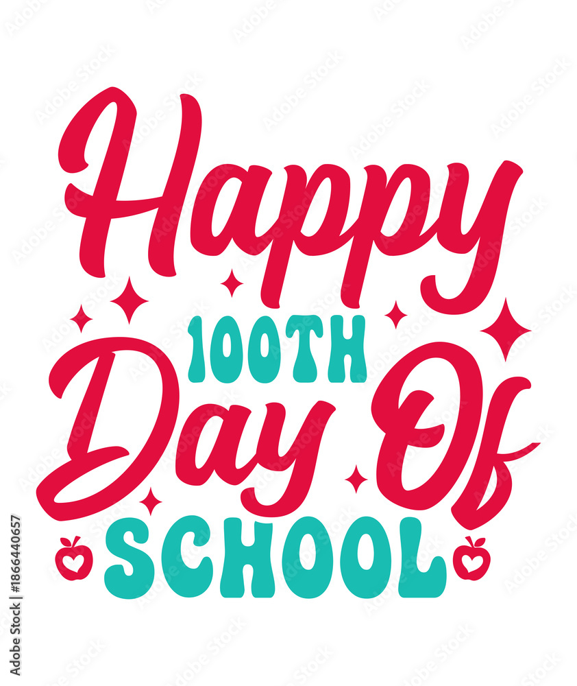 Fototapeta premium Happy 100 Days of School typography design on plain white transparent isolated background for card, shirt, hoodie, sweatshirt, apparel, tag, mug, icon, poster or badge