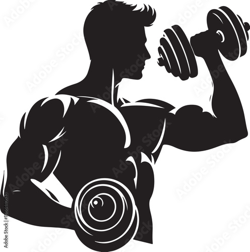 Funny cartoon illustration of a bodybuilder man lifting a heavy dumbbell in a stylized vector drawing design
