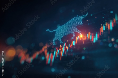 Silhouette of a bull over rising financial graph, with bokeh and dark background