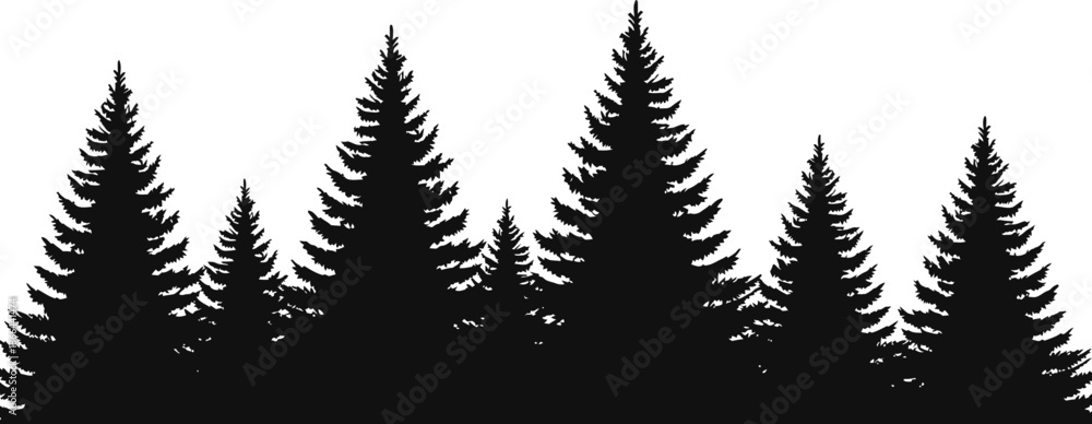 Naklejka premium Silhouette of Evergreen Pine Trees Forest Black and White Vector Graphic