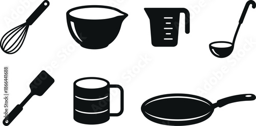 Kitchen utensils for pancake batter preparation flat design illustration