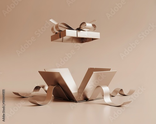 Open Gift Box With Silver Ribbon And Bow Floating Mid- Air present
