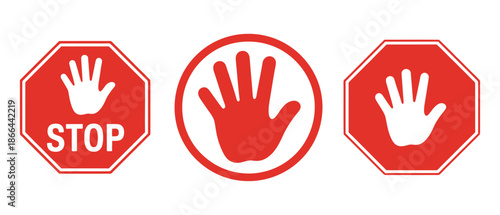 Stop, do not cross, ban, forbidden and alert icon set with red stop hand sign, ideal for safety posters, warning signs, restricted zones, hazard alerts, traffic and construction graphics