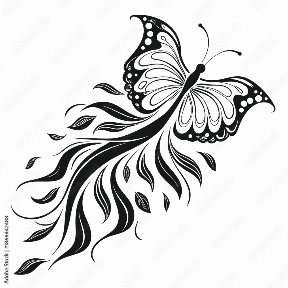 Fototapeta premium Elegant Butterfly with Flowing Abstract Shapes Black and White Vector Illustration