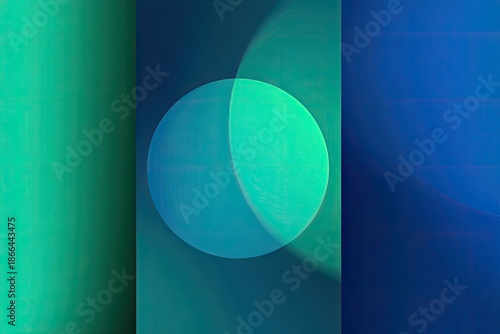 Abstract geometric composition featuring overlapping circles and gradients of blue-green hues
