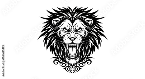 Fierce Lion Head Roaring Aggressive Power Symbol for Sports Teams Branding and Tattoos