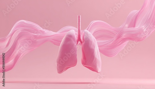 Pink anatomical lungs with an abstract flowing fabric backdrop on a soft pink surface