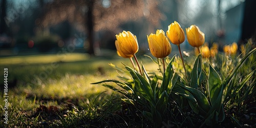 Close-up of yellow tulips basking in golden sunlight against a blurred park background
