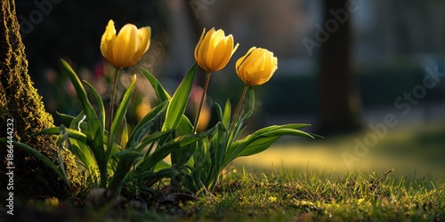 Three vibrant yellow flowers illuminated by sunlight, set against a blurred background