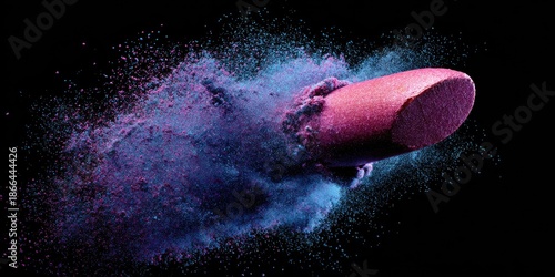 Pink lipstick exploding into purple and blue powder against a black background