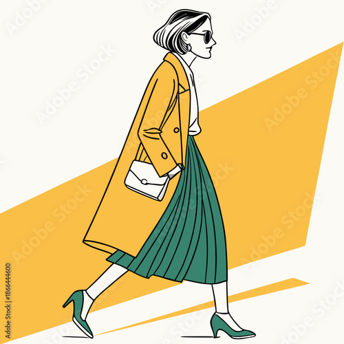 A stylish woman in a yellow coat and green skirt walking with a white handbag in a modern illustration
