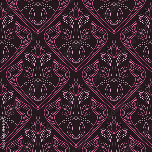 Ornamental background in ethnic style. Seamless pattern of curved lines and shapes. Refine floral Indian ornament. Ethnic red pink colorful ornament on dark background.