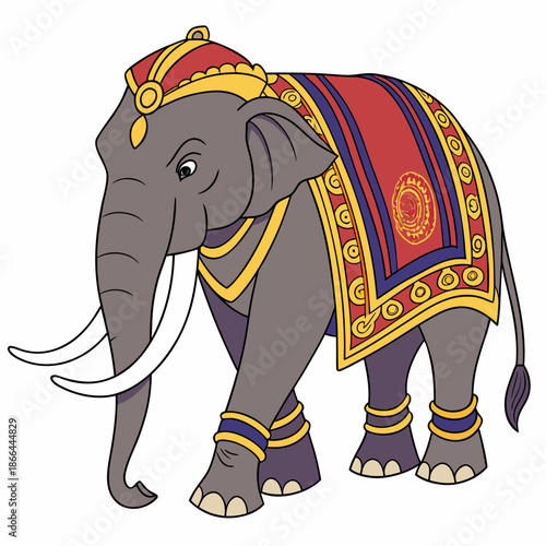A colorful cartoon elephant wearing a traditional Indian outfit and jewelry on a white background
