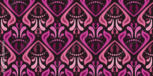 Red pink colorful ornament on dark background. Ornamental background in ethnic style. Seamless pattern of curved lines and shapes. Mosaic tile decor in folk style. Floral Indian ornament