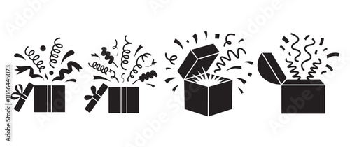 Collection of Surprise Gift Box Silhouette Icons with Popping Confetti and Sparkles, Festive Celebration Elements for Party and Holiday Themes