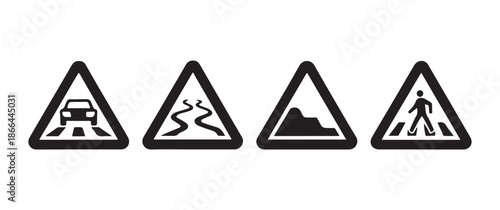 Set of Warning Traffic Sign Icons with Car, Slippery Road, Bumps, and Pedestrian Crossing Symbols, Safety and Infrastructure Vector Elements