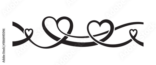 Black Heart Ribbon Swirl Border Vector, Elegant Calligraphic Horizontal Line Art Decoration for Wedding Stationery and Romantic Cards