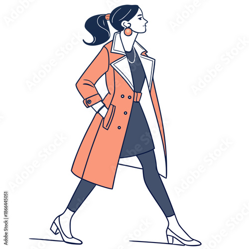 A stylish woman in a modern outfit walks confidently with her hand in her coat pocket in a vector illustration