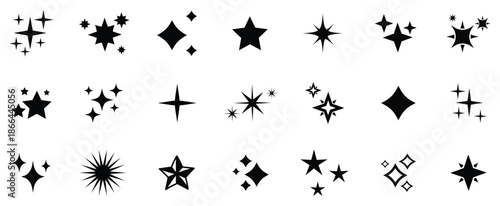 Star icons. Twinkling stars. Sparkles, shining burst. Christmas vector symbols isolated. Retro futuristic sparkle icons collection.
